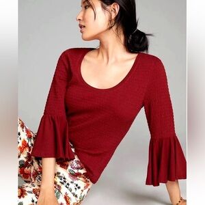 Anthropologie Smocked Bell Sleeve Top- Wine/Burgundy